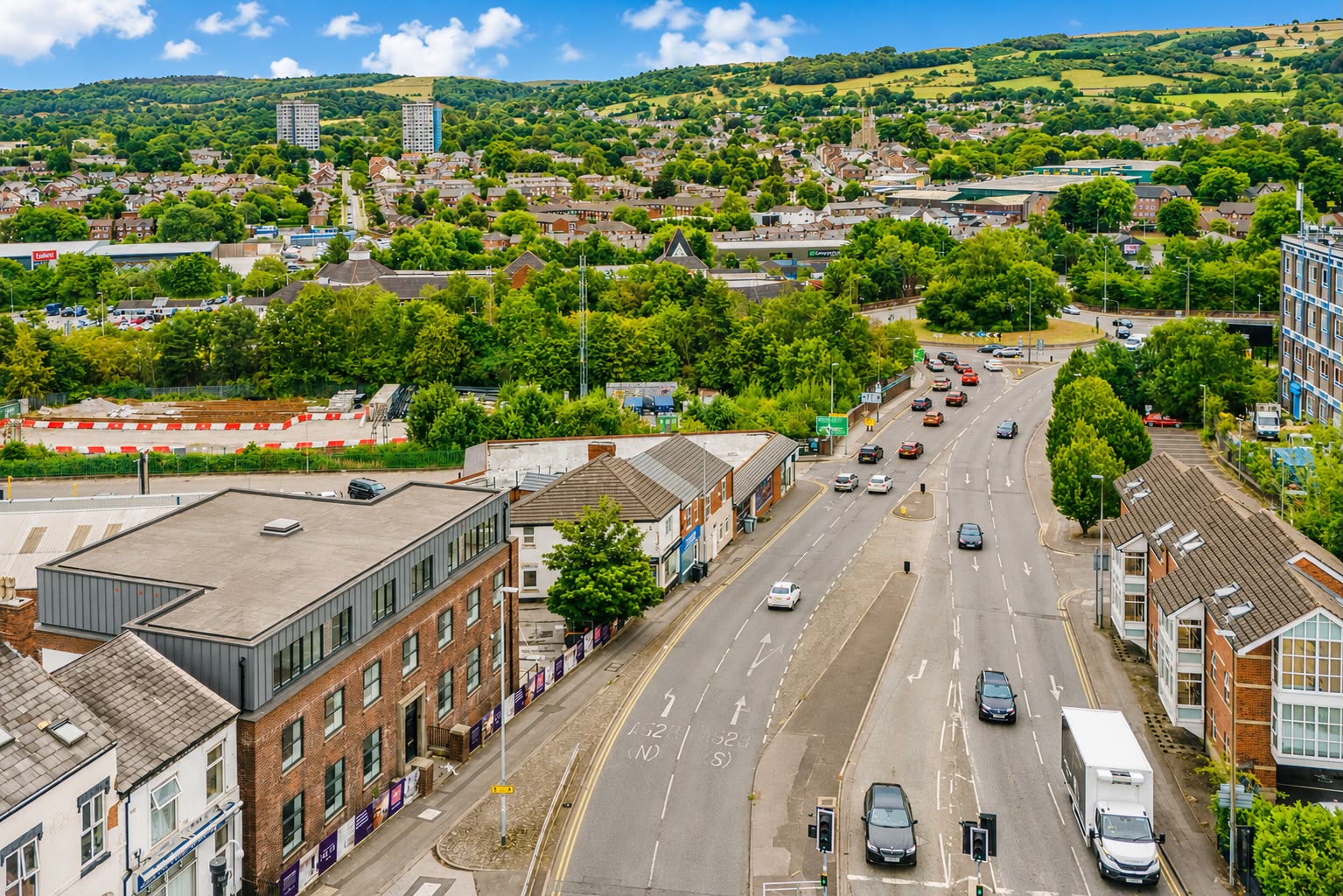 Aerial view over Macclesfield towards the Peak District
