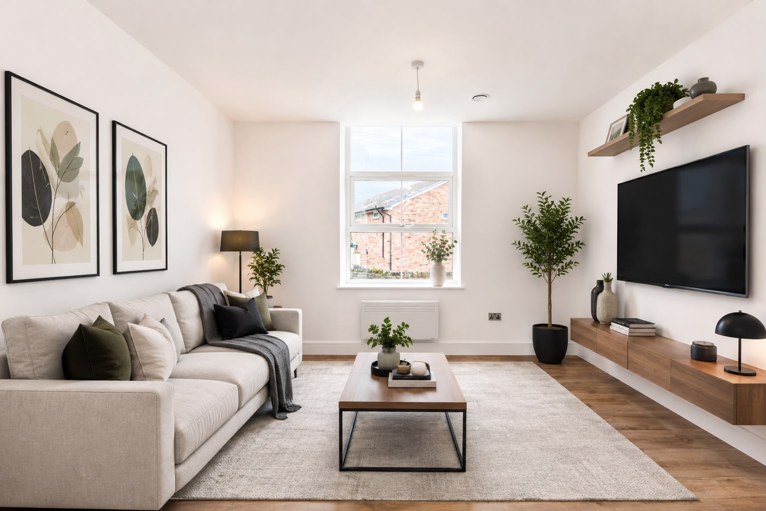 Sitting room with sash window and media wall