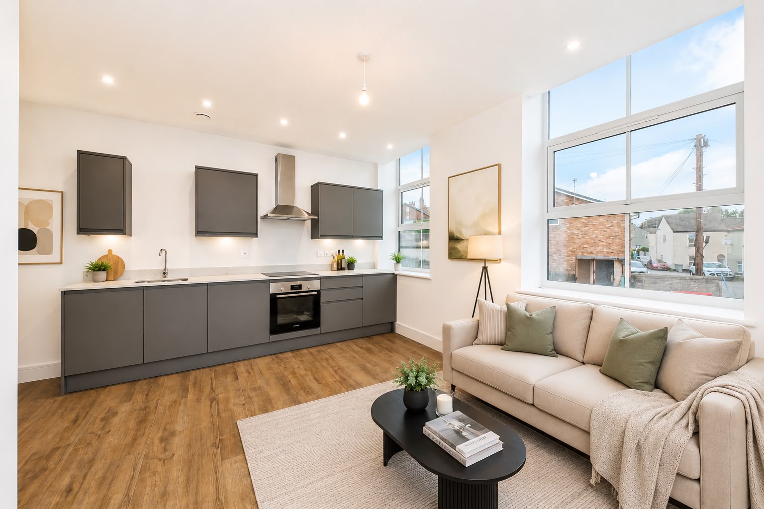 Open-plan kitchen and living area with tall windows